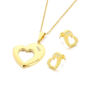Elegant gold hollow heart pendant necklace and stud earrings set with sparkling stones