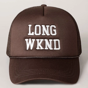 Classic dark brown trucker hat with white LONG WKND 3D embroidery and mesh back panel
