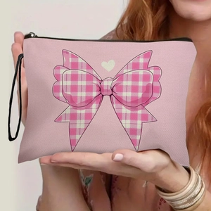 Portable Makeup Bag Cosmetic Toiletry Pouch Linen Fabric Plaid Bow Heart Print Zip Closure Handheld Travel Organizer