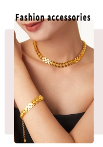 Detail view of 18k gold plated chunky geometric necklace and bracelet set on model