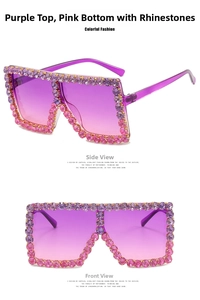 Detail of square oversized sunglasses with purple and pink gradient crystal embellishments