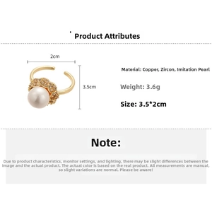 Detailed specs of floral zircon pearl open ring in copper with gold finish