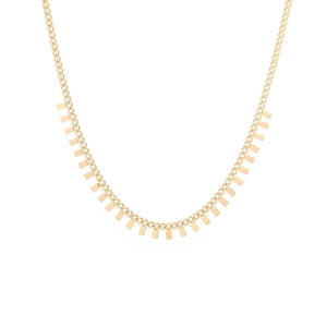 Detailed macro view of the gold titanium steel necklace with small rectangular charms