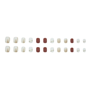 Elegant 24pcs press-on nails in deep reddish brown and cream with gold line patterns