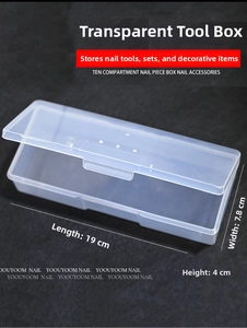 Transparent 10-compartment plastic storage box for nail art tools, 19cm x 7.8cm size