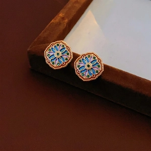 Vintage Octagonal Enamel Floral Stud Earrings Geometric Zircon Jewelry With 925 Sterling Silver Earring Post
