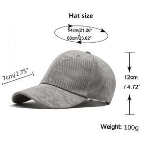 Light gray camo baseball cap with detailed size chart showing 54-60cm circumference