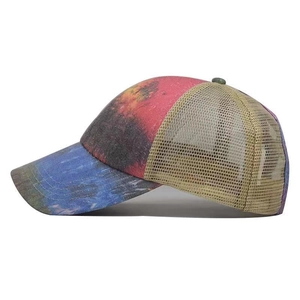 Distressed washed baseball cap with starry galaxy print and breathable mesh panels