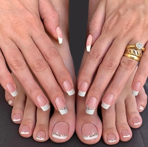 French tip press-on nails set for fingers and toes with pink base and rhinestone accents