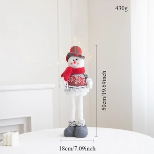 Christmas snowman plush doll with dimensions 50cm by 18cm on a festive table