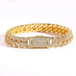 Luxurious 10mm gold Cuban link bracelet with double row cubic zirconia in hip hop style