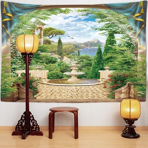 Detail of landscape tapestry featuring classical fountain and blue curtain printing