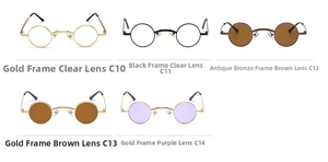 Detailed grid of steampunk round sunglasses in gold, black and bronze metal frames