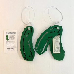 Christmas pickle ornament with hidden money holder compartment and silver hanging cord