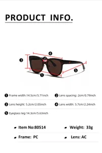 Detailed dimension chart of oversized square sunglasses with PC frame and AC lens