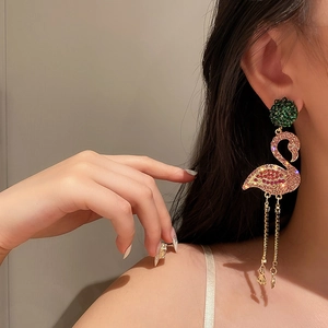 Pink rhinestone flamingo earrings with green studs and gold tassels for women