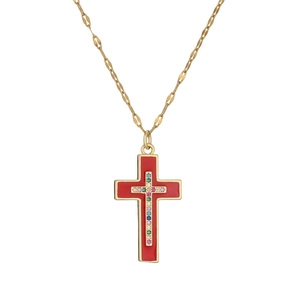 Classic vintage cross necklace with red enamel and colorful crystal inlay in gold