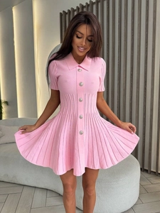 Robe Mini Polo En Tricot Manches Courtes Boutonnée Ourlet Plissé Taille Haute Mélange De Coton Chic Décontracté