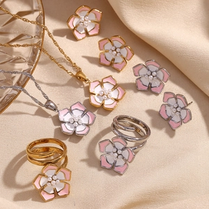 Petal Flower Necklace Earrings Ring Stainless Steel Gold Plated Enamel Artificial Pearl Jewelry For Women Fashion Style