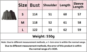 Detailed size chart for loose long-sleeve cotton jacket with bust and length measurements