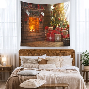 Detailed view of Christmas tapestry featuring glowing fireplace and festive holiday tree