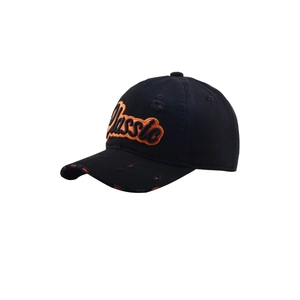 Detail of vintage baseball cap featuring orange Classic embroidery and distressed accents