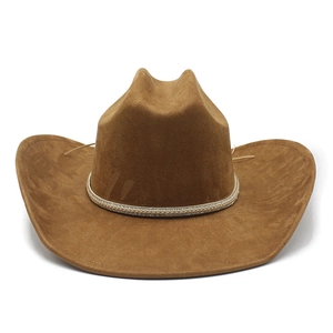 Detail of a brown suede western cowboy hat featuring a braided decorative band and wide brim