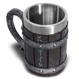 Viking style wooden barrel beer mug with stainless steel liner and Nordic rune carving