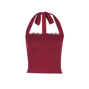 Sexy weinrotes Neckholder-Top mit zarter Spitze für Damen im modischen Alltagsstil