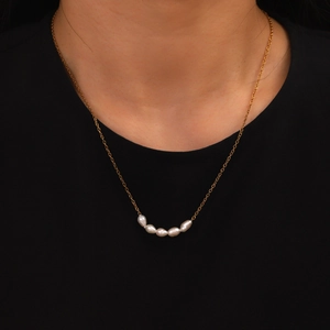Elegant 18K gold plated stainless steel necklace with five natural freshwater pearls