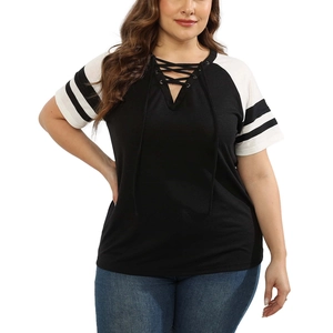 Detail of plus size V-neck top with lace-up neckline and striped sleeves contrast