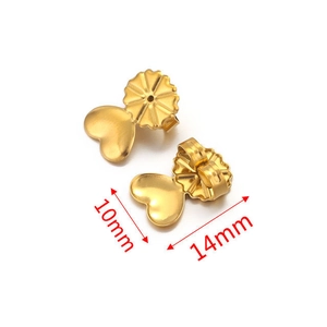 Detail showing 10x14mm gold heart-shaped earring backs in stainless steel with dimensions