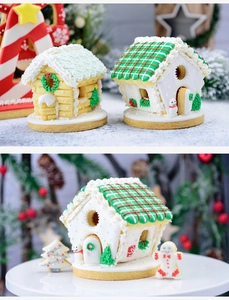 Detailed views of 3D DIY gingerbread house cookies with festive icing decorations