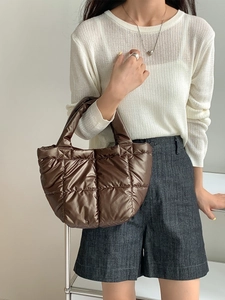 Chic dark brown quilted down-filled handbag with a metallic finish for women
