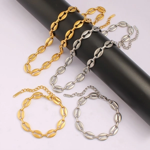Fashionable coffee bean link chain necklace and bracelet jewelry set in gold and silver