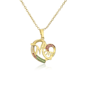 Gold heart Mom pendant necklace with colorful zircon stones on white background