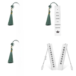Custom engraved stainless steel bookmarks with green tassels and decorative jade beads