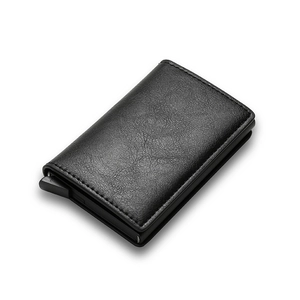 Black leather RFID blocking wallet with aluminum card holder and pop-up slide mechanism