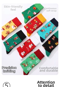 Detail of Christmas crew socks with festive reindeer, snowman patterns and ribbed cuffs