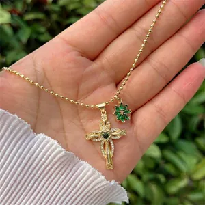 18K gold plated cross necklace with green zircon heart pendant on ball chain