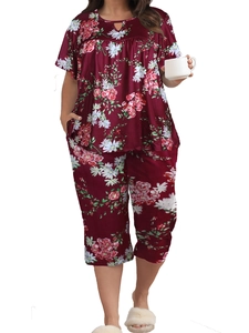 Detail view of plus size women floral loungewear set with rose pattern and soft fabric
