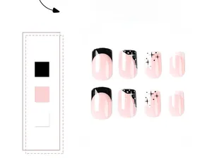 Macro detail of short square fake nails with black french tips and starburst patterns
