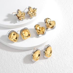 Irregular Texture Two-Tone Stud Earrings 18K Gold Plated Stainless Steel Geometric Vintage INS Style For Women