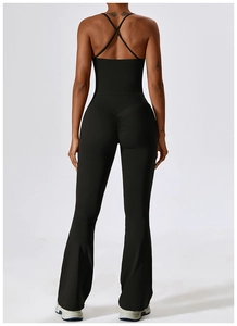 Detail of cross-back yoga vest and flare leggings with butt-lifting seam in black