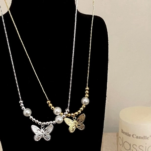 Butterfly Pendant Necklace Copper With Imitation Artificial Pearl Beads Sweet Elegant Dainty Jewelry For Women