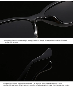 Detail showing soft silicone nose pads and ergonomic temple tips of black sunglasses