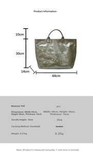 Detailed size chart showing dimensions 44x30x14cm for the green PVC tote bag