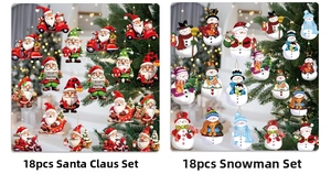 Detail of 18pcs wooden Christmas tree pendants featuring Santa and Snowman themes