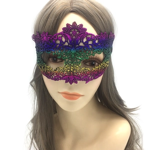 Macro shot of venetian style iridescent gradient lace mask with intricate floral pattern