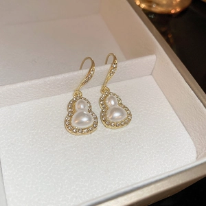 Golden gourd drop earrings with white pearls and sparkling rhinestones in a gift box